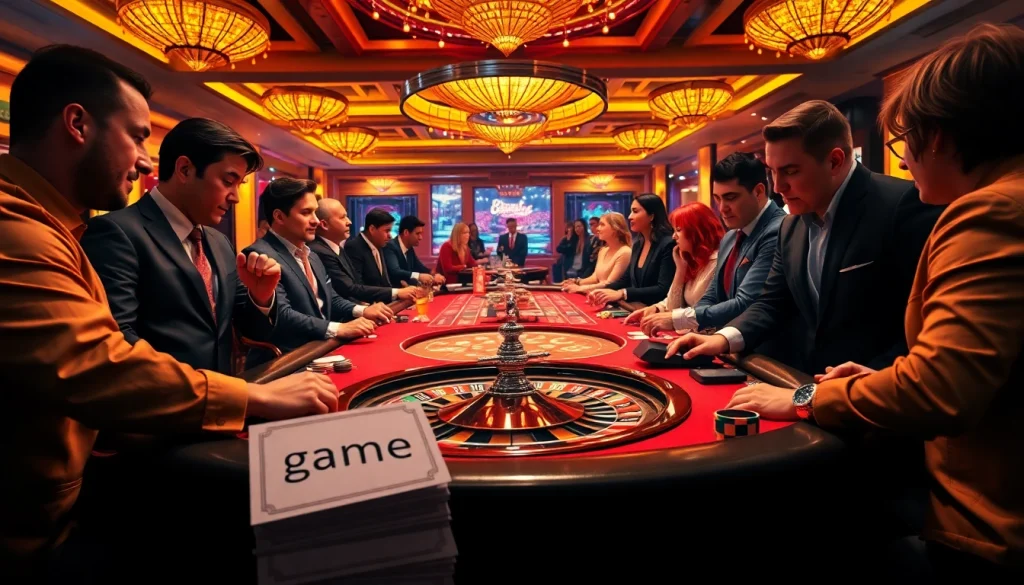 Players engaging in the thrilling game vvjl at a luxurious casino table with vibrant colors and excitement.