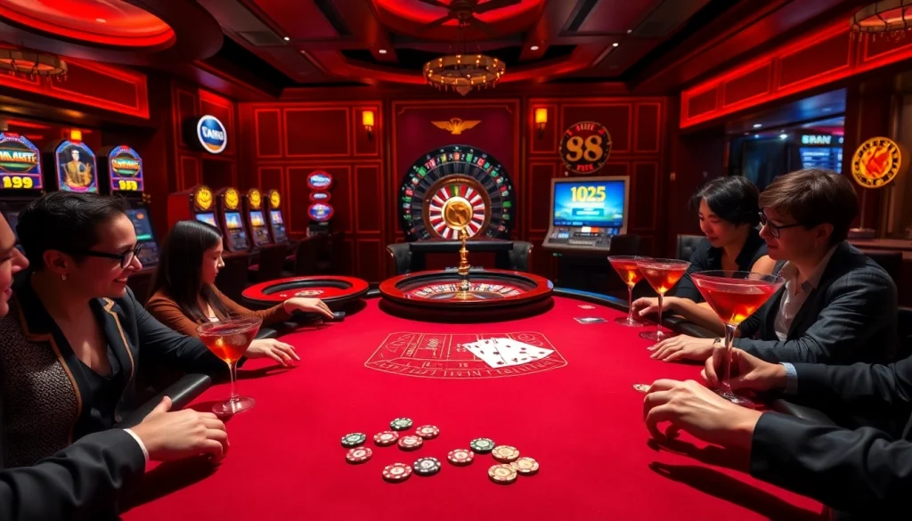 Players engage in an exhilarating blackjack game at Xin88 casino, showcasing vibrant atmosphere and luxury.