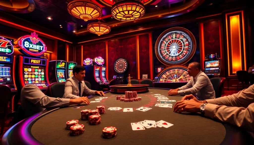 Experience the thrill of 8xbet at a high-stakes poker table amid vibrant slot machines.