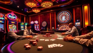 Experience the thrill of 8xbet at a high-stakes poker table amid vibrant slot machines.