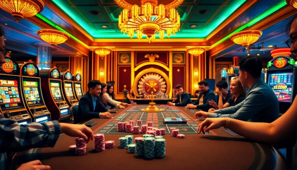 Engaged players enjoying casino games at 789p with vibrant poker chips and slot machines.