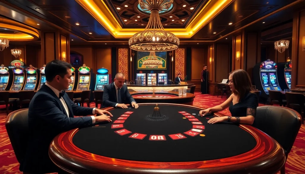 Players enjoying a high-stakes poker game at 32win, surrounded by vibrant casino elements.