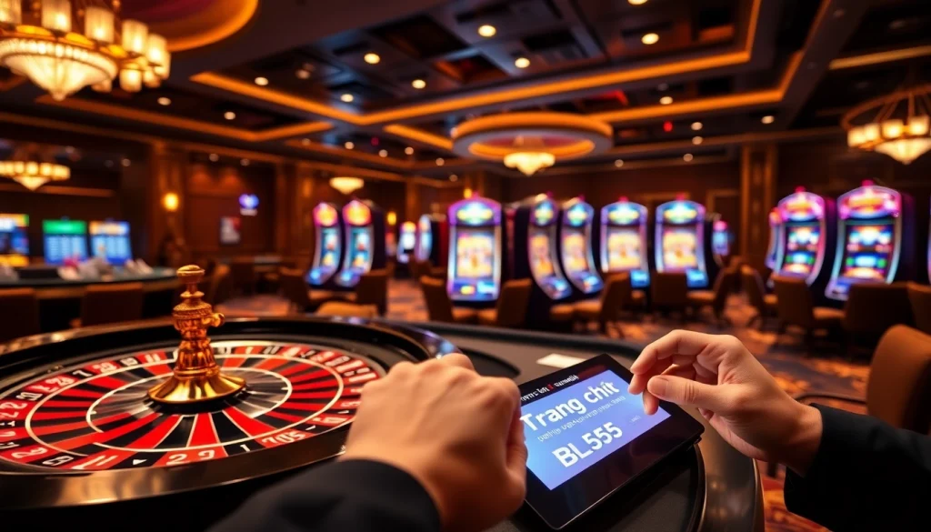 Engage with thrilling games at Trang chủ BL555, featuring vibrant casino tables and roulette wheels.