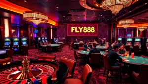 Experience FLY88 with players enjoying the thrills of a luxury casino setting filled with poker tables and roulette wheels.