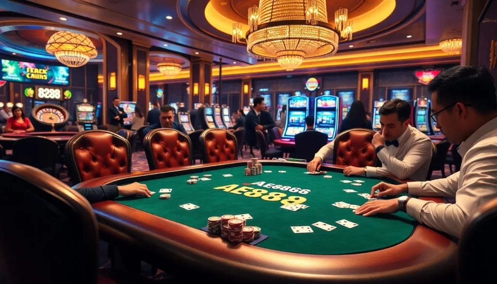 Players strategizing at the AE888 poker table in a vibrant casino atmosphere.