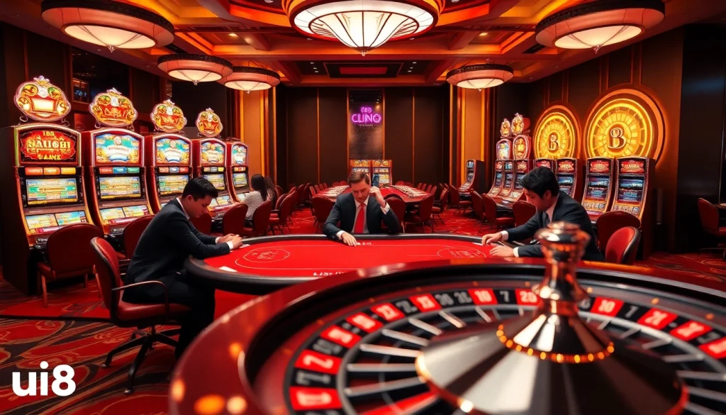uu88 players engaging in high-stakes poker surrounded by vibrant casino elements