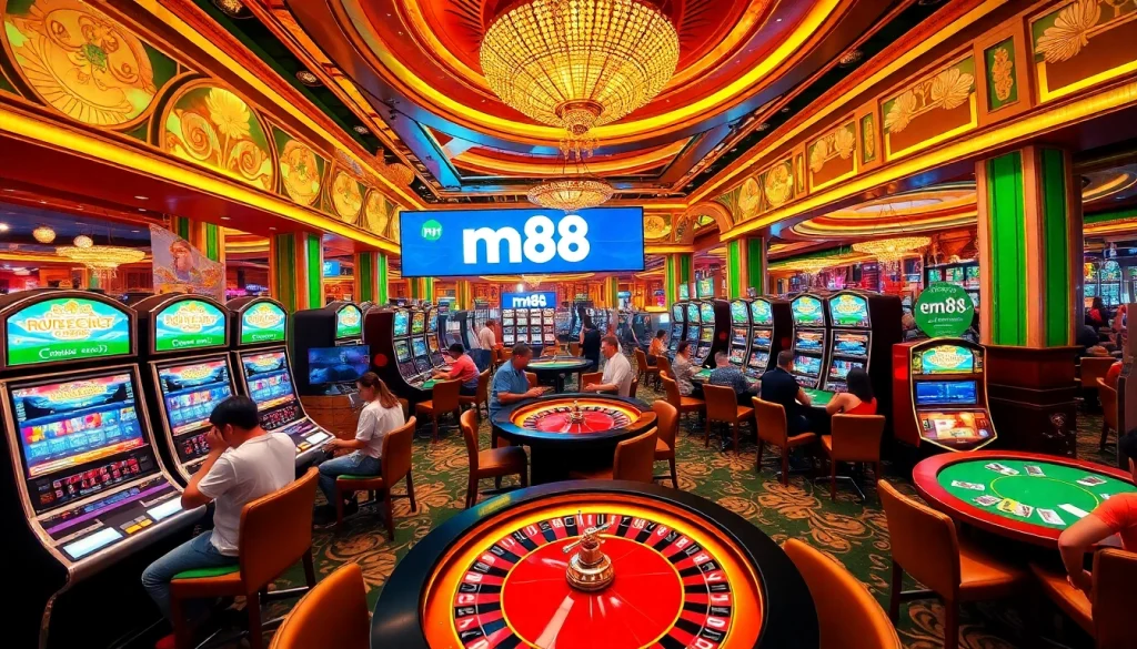 Players engaging in various casino games at m88, showcasing excitement and vibrant atmosphere.