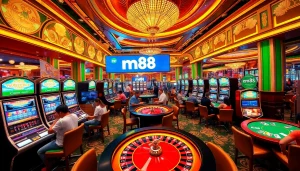 Players engaging in various casino games at m88, showcasing excitement and vibrant atmosphere.