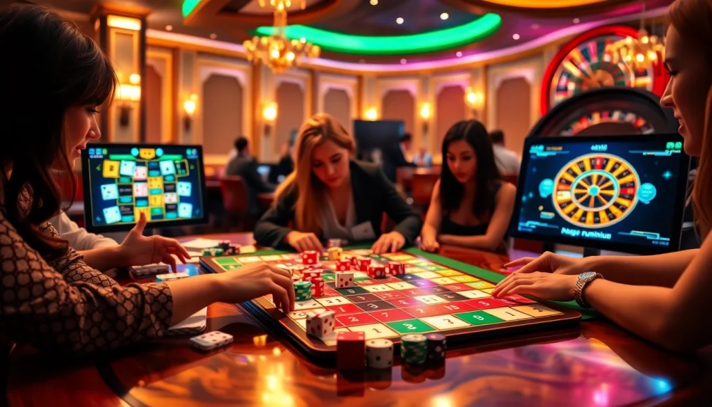 שחקנים נהנים מרמיקוב אונליין על שולחן קזינו יוקרתי שמוקף בצ'יפים לפוקר ובאריחי המשחק.