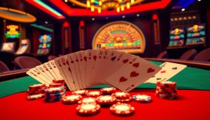 Engage in thrilling gameplay at nohuvina.com with a luxurious poker table and roulette wheel scene.