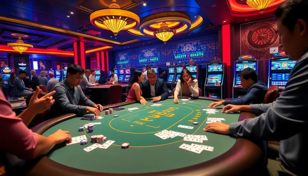 Man88 poker table scene featuring players engaged in a thrilling game with vibrant casino ambiance.