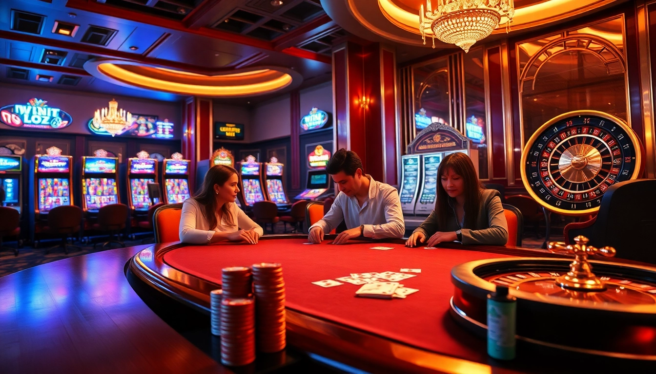 Experience the thrill of gambling at King88 with vibrant casino tables and spinning roulette wheels.