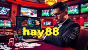 Exciting scene of online gambling showcasing hay88, with poker chips, cards, and a roulette wheel.