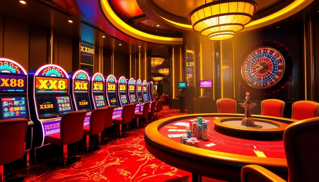 Enjoy thrilling casino action at XX88 with vibrant slot machines and poker tables.