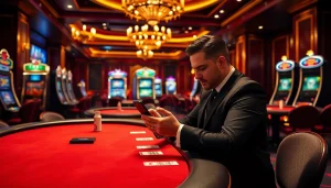 Người chơi đang tập trung sử dụng ứng dụng cg79 để lên kế hoạch chiến lược tại một bàn poker sang trọng ở sòng bạc.