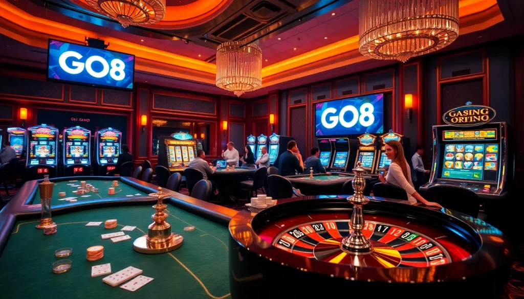 GO8 players strategizing at a luxurious casino table amidst vibrant gaming lights.