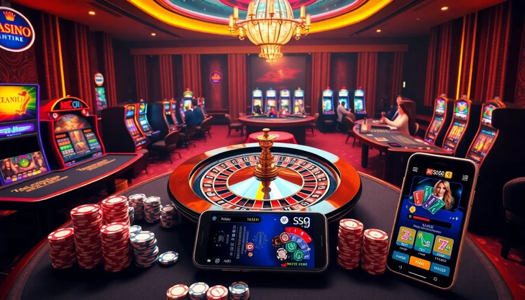 S8 Casino excitement with players at poker tables and roulette wheel in a vibrant casino environment.