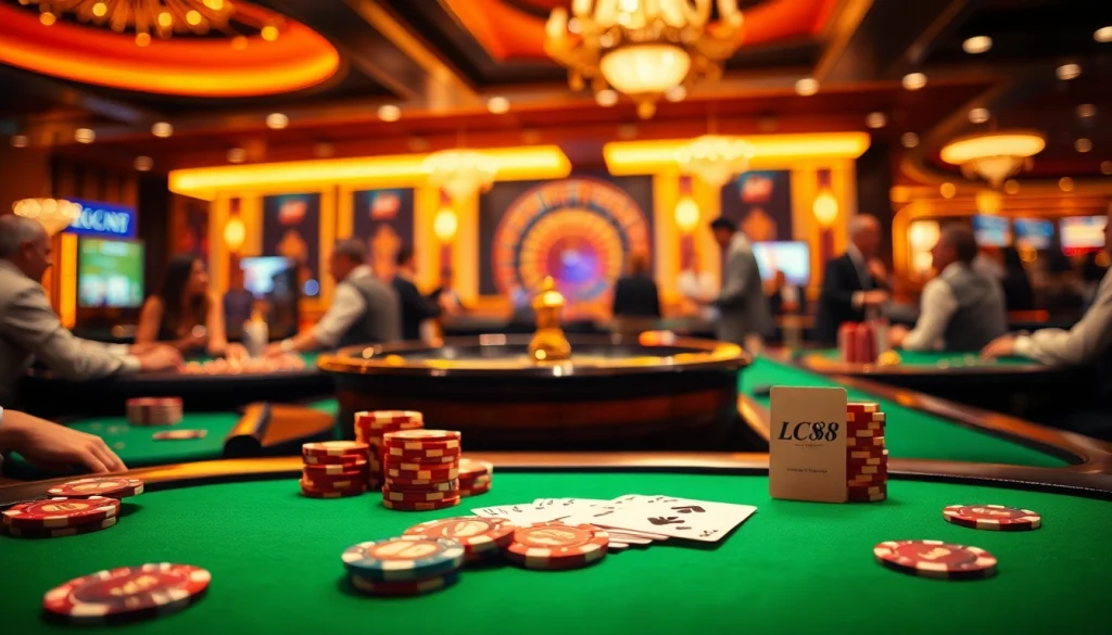 Experience the excitement at LC88 with vibrant poker chips and cards on a luxurious casino table.