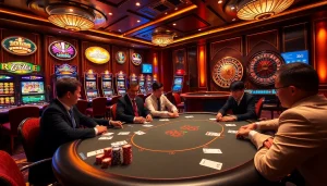 Intense poker game at a luxurious casino featuring 88i betting slips and vibrant slot machines.