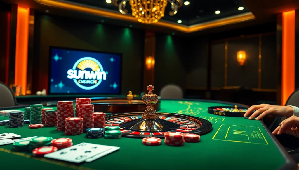 Experience sunwin's thrilling casino ambiance with poker chips and roulette wheel on elegant table.