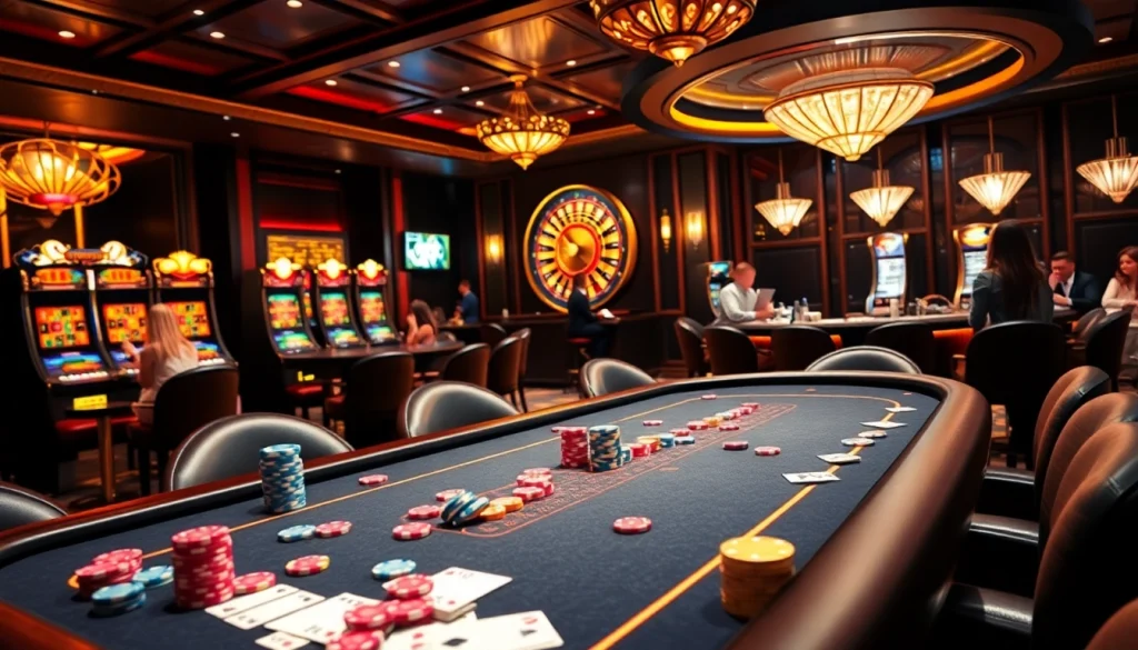 Experience the excitement of go99 game at a vibrant casino featuring poker chips and slot machines.