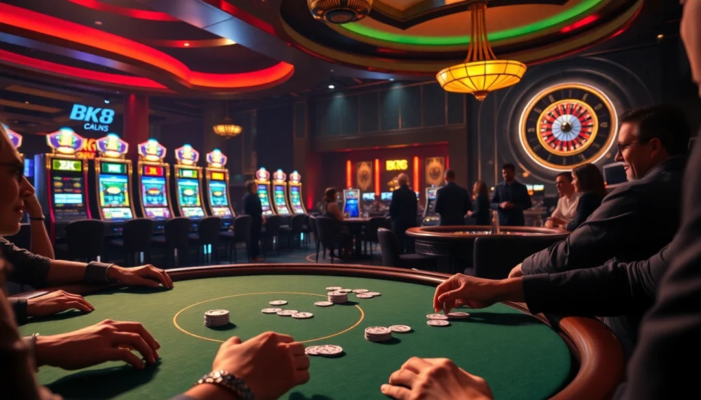 Engaged players at a vibrant BK8 casino table, experiencing high-stakes poker excitement.