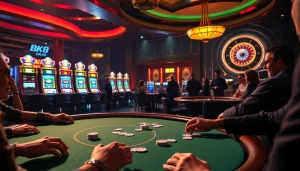Engaged players at a vibrant BK8 casino table, experiencing high-stakes poker excitement.