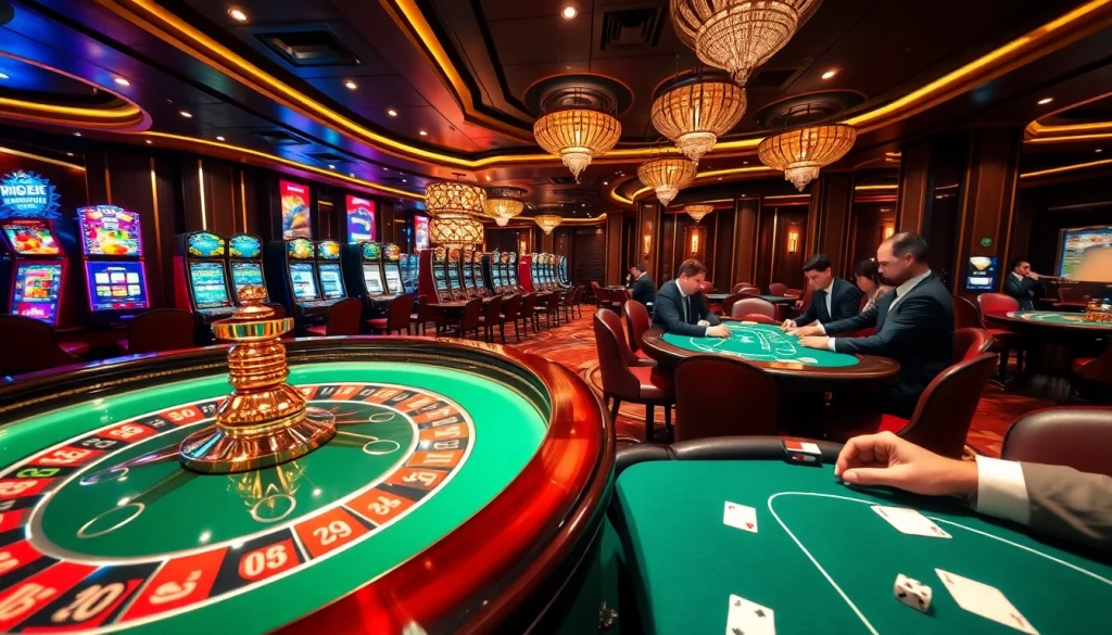 Vibrant scene of xin88 casino showcasing roulette, poker, and slot machines in an exciting atmosphere.