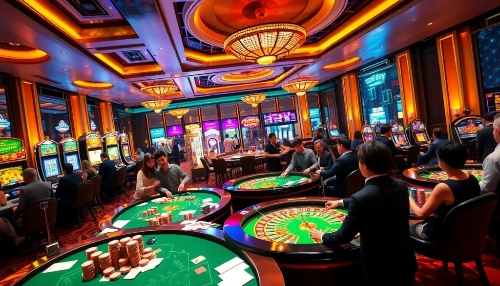 Players engaged in thrilling games at tt88 nhà cái casino with vibrant tables and slot machines.
