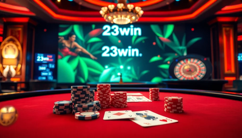Engaging 23win đăng nhập scene with poker table and vibrant casino lights.
