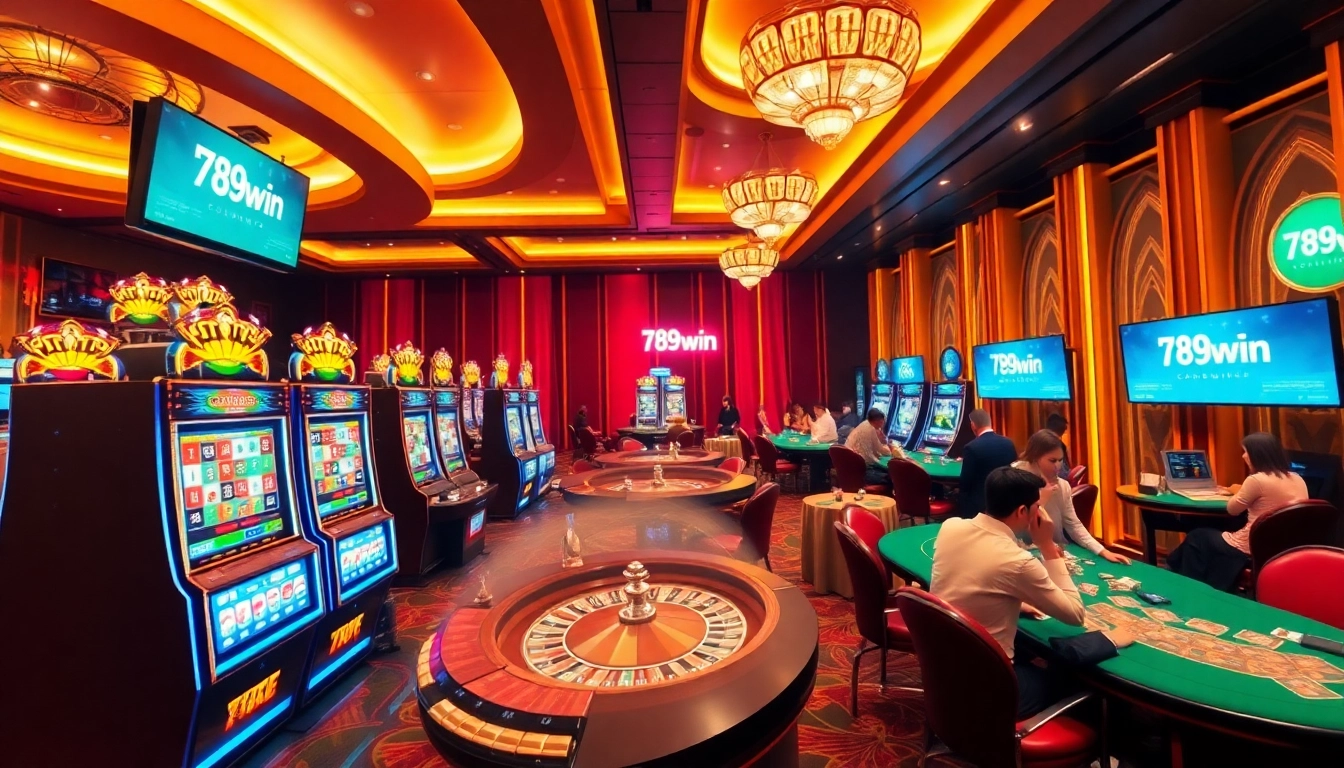 Players experience excitement at the luxury 789win casino with vibrant slot machines and poker tables.