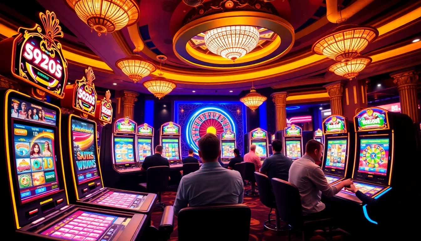 Players enjoying idnslot online gaming with vibrant slot machines and dynamic atmosphere.