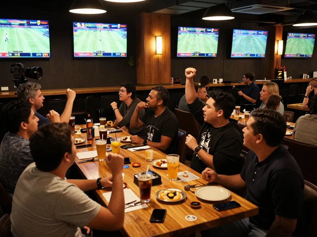 Exciting patrons engaging in live sports betting at 68win.com with multiple screens showing games.