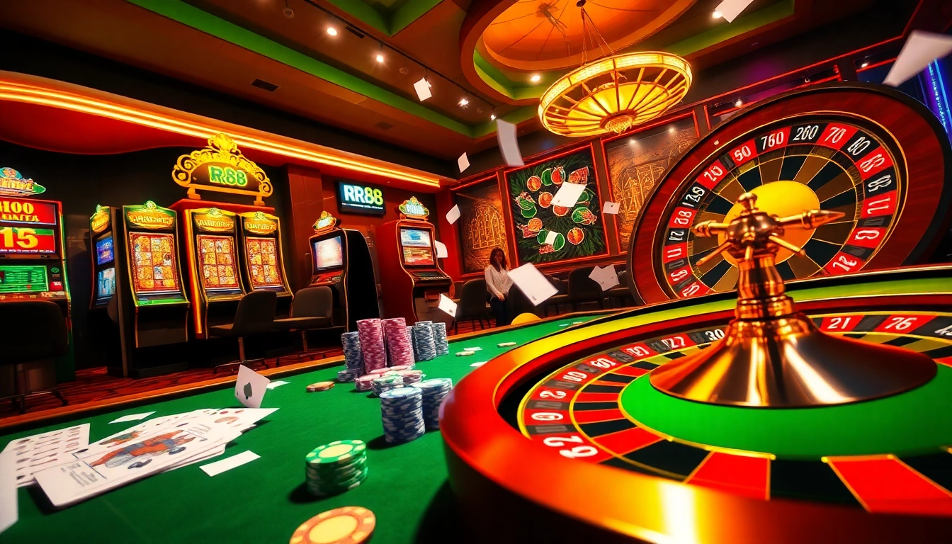 Experience the thrill at nhà cái rr88 with vibrant casino tables and exciting slot machines lighting up the scene.